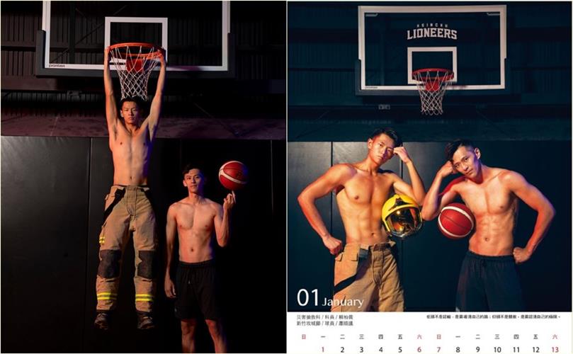 新竹攻城獅籃球員蕭順議脫衣合體消防猛男拍月曆。（圖／翻攝自新竹縣消防局）
